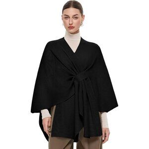 Women's Black Elegant Open Poncho Sweater Spring Fall Winter Shawl Wraps
